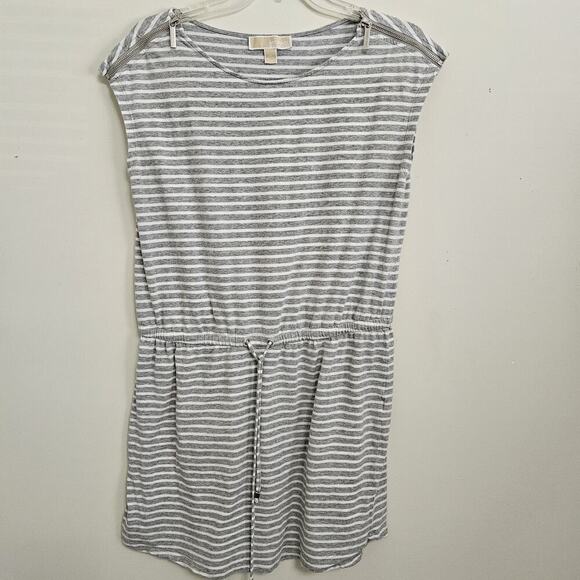 Michael Kors Mini Length Dress Gray & White striped womens M Drawstring Waist - Picture 1 of 9